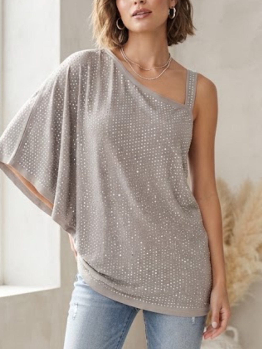 INC One-Shoulder Silver-Studded Top